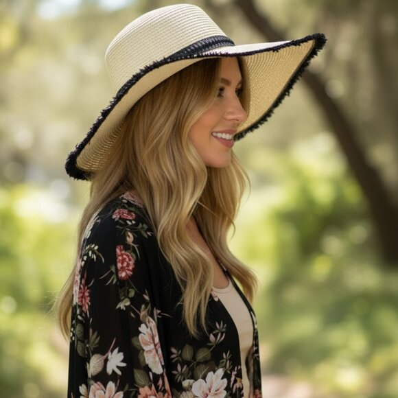 NEW Raffia Wide Brim Sunhat with Black Trim Hat OS NWT - Picture 2 of 3